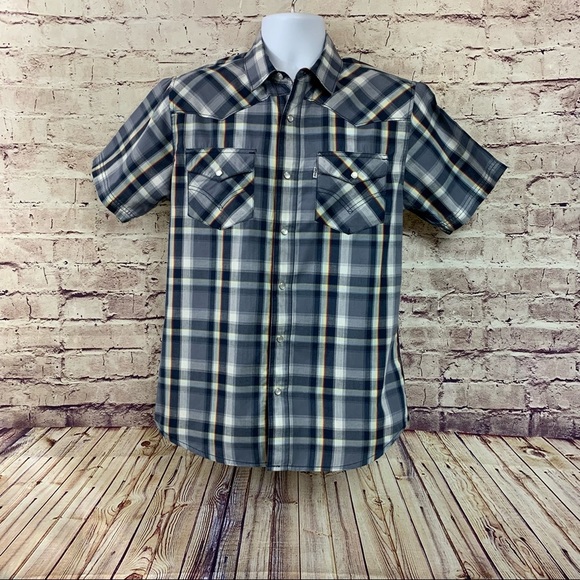 Levi Strauss Blue Plaid Pearl Snap Short Sleeve Shirt - Picture 1 of 8
